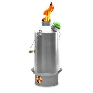 Kelly Kettle Stainless Steel Base Camp with flames.